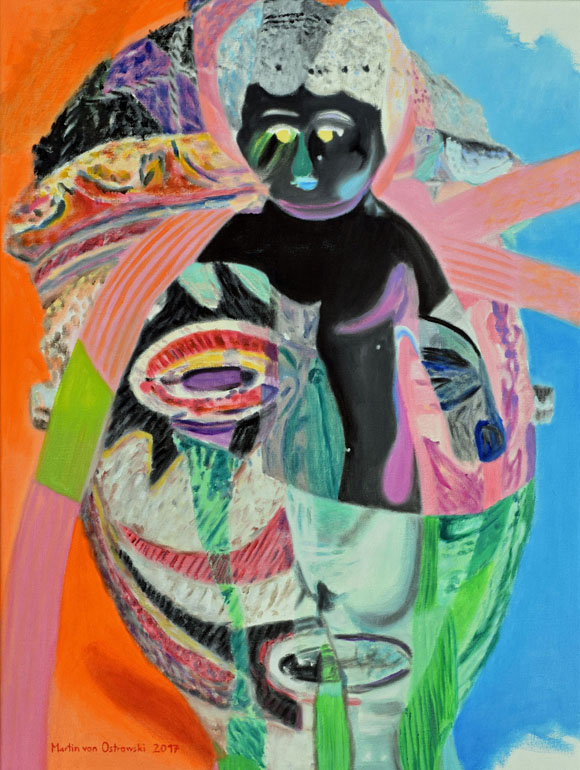 Martin von Ostrowski: Afrikanische Maske und Porzellanfigur, 2017, Öl auf Leinwand, 80 x 60 cm