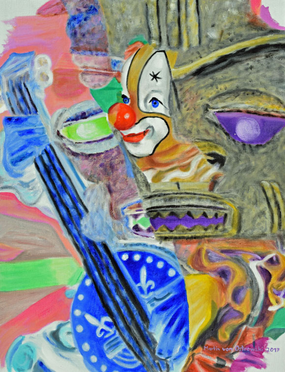 Martin von Ostrowski: Afrikanische Maske und Clown, 2017, Öl auf Leinwand, 80 x 60 cm