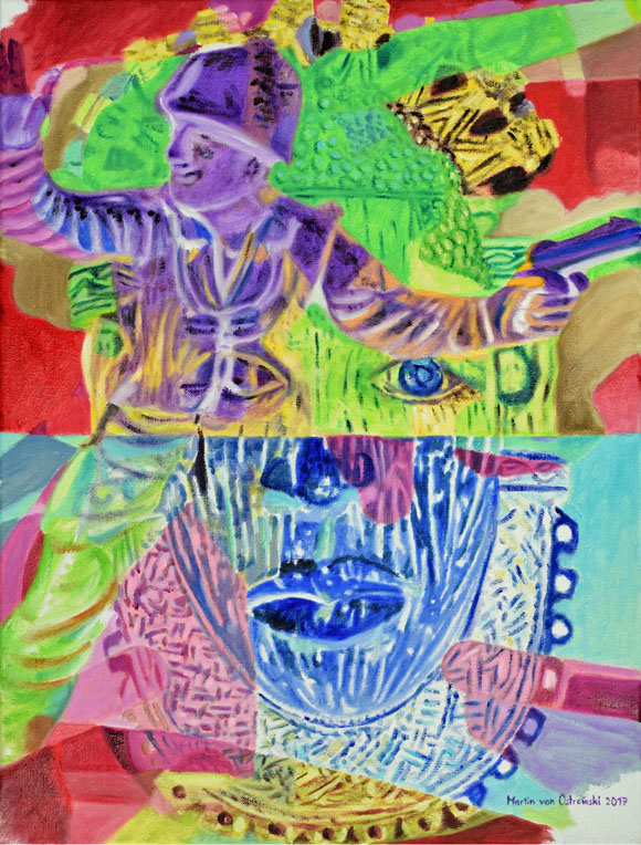 Martin von Ostrowski: Afrikanische Maske und Plastiksoldat, 2017, Öl auf Leinwand, 80 x 60 cm