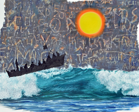 Martin von Ostrowski: Sonnenuntergang mit Boot 2012, Öl auf Leinwand, 85 x 105 cm
