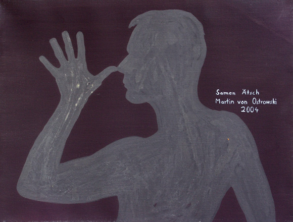Martin von Ostrowski: Samen-Ätsch, 2004, Sperma, Akryl auf Leinwand, 60 x 80 cm