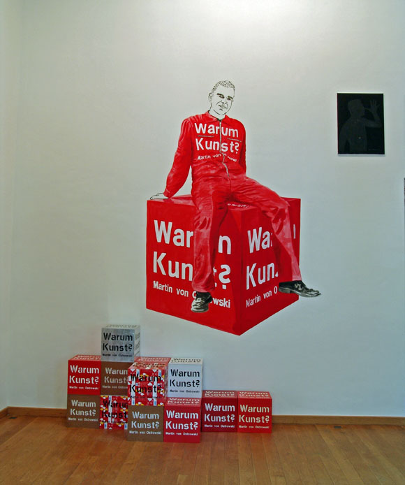 Martin von Ostrowski: Wandgemälde Warum Kunst? 3 x 2 m , 14 Würfel je 40 x 40 x 40cm, Spermaportrait 80 x 60cm, 2005
